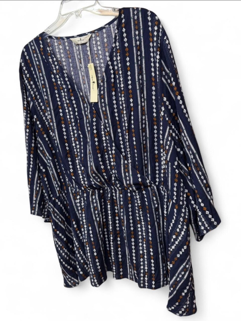 Agnes Orinda Plus Size 4X Geometric Peplum Blouse Navy Boho Wrap V-Neck NWT - Picture 6 of 7